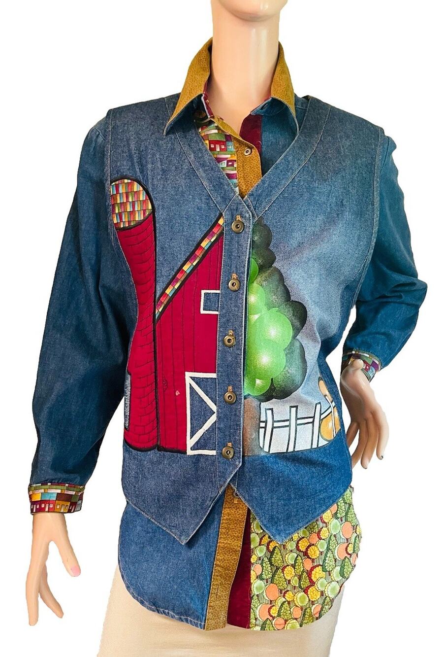 Buckles USA Button Up Shirt w Vest Set Women Sz Large Country Print Denim